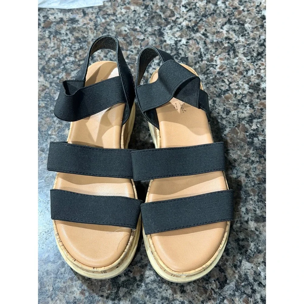Universal Thread Womens Black Elastic Strap Cork Platform Wedge Sandals Size 9